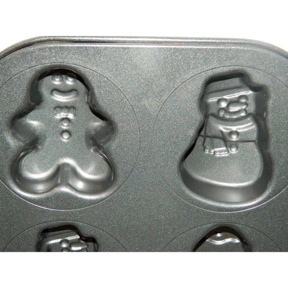 Christmas Cake Pan Mini Tree Snowman Gingerbread Man 6 Cavity Non Stick - Picture 3 of 5